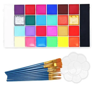 Immagine prodotto di Set di colori per il viso, 26 colori a base d'acqua, con pennelli e stencil, ideali per feste di Carnevale ed eventi a tema