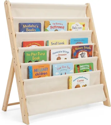 Immagine prodotto di Libreria per bambini - Legno - 6 scomparti in tessuto - Bianco - Naturale