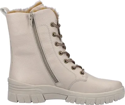 A side view of a cream-colored lace-up boot with a zipper.