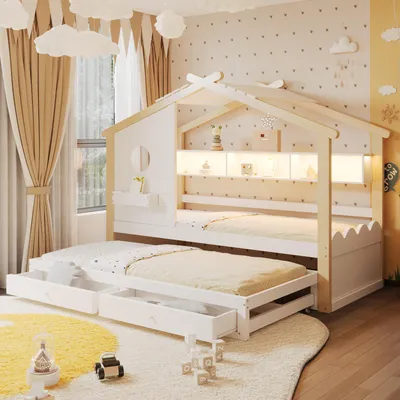 Produktbild von Flieks Kinderbett Hausbett mit Ausziehbett 90x190cm, Holzbett Kinder Einzelbett mit Led und Ladestation, Kinderbett mit Schubladen, Naturbelassen