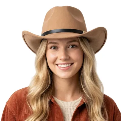 Immagine prodotto di Cappello da cowboy, unisex, con tesa larga, stile etnico, taglia unica, color cammello, realizzato in fibra di poliestere