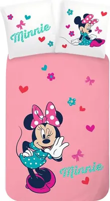 Obrázok produktu pre Disney Minnie Mouse, detská posteľná bielizeň, detská posteľná bielizeň, motív srdca a kvetov, prikrývka 100 x 135 + vankúš 40 x 60 cm 100% bavlna