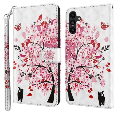 A product image of a phone case with a floral tree and cat design.
