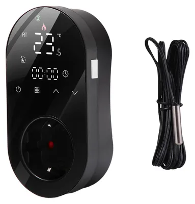 Obrázek produktu pro Digitální termostat, zásuvka s vypínačem, 16A, regulátor teploty, 5+1+1 programů, režim topení a chlazení, dotykové ovládání, LED displej
