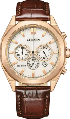 A close-up studio shot of a Citizen Eco-Drive chronograph watch with a white dial, rose gold case, and brown leather strap.