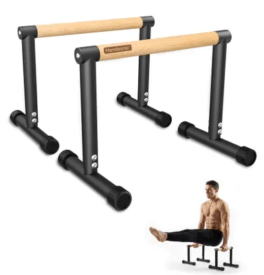 Immagine prodotto di Sbarra parallela e sbarra per dip in legno, con superficie antiscivolo, ideali per l'allenamento a casa e per il calisthenics