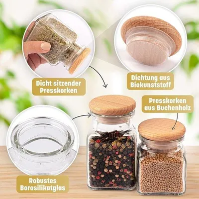 Produktbild von Quadratische Gewürzgläser aus Glas mit ungelacktem Buchenholzdeckel für Gewürze und Kräuter