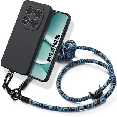 Image de Coque pour Xiaomi Redmi Note 15 Pro 5G, Silicone Noire Anti-Rayures avec Bandoulière Bleue