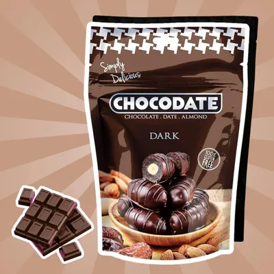 Produktbild von Chocodate Dark Chocolate – Datteln mit Zartbitterschokolade & Mandeln (90 g)   + Heartforcards Versandschutz