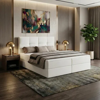 Produktbild von Boxspringbett MORENO mit Bettkasten 160x200 cm inkl. Bonell-Federkernmatratze H3 und Topper – Polsterbett Stoff ASTI Weiß