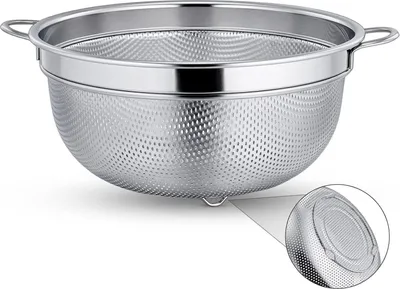 Zdjęcie produktu dla Cedzak do makaronu ze stali nierdzewnej z uchwytami, cedzak kuchenny z mikroperforacją 19,5 cm