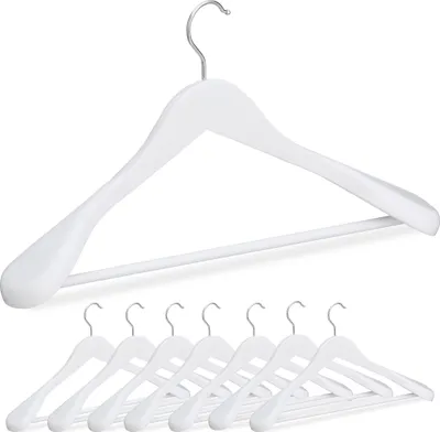 Obrázok produktu pre Vešiaky na oblečenie Relaxdays, sada 8 ks, široké ramená, tyč na nohavice, na saká, košele, nohavice, drevené vešiaky, biele