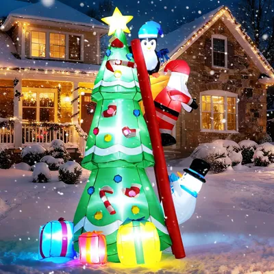 Image de 245cm Arbre de Noël gonflable avec Père Noël, Pingouin & Bonhomme de neige, Décoration de jardin LED