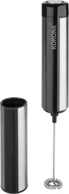 A black and silver milk frother and its protective cover are displayed against a white background.