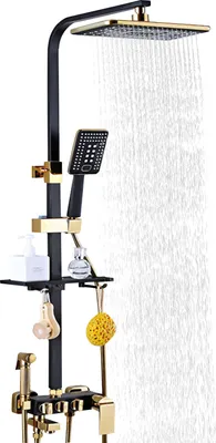 A black and gold shower system with a rainfall showerhead and handheld sprayer, mounted on a wall.