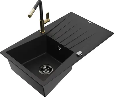 Produktbild von Mexen Cesar 1 Becken-Granitspüle mit Abtropffläche und Mischbatterie Flora, Schwarz - 6514-77-670401-57-B