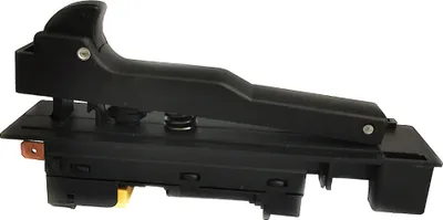 A black electronic switch with metal connectors, isolated on a white background.