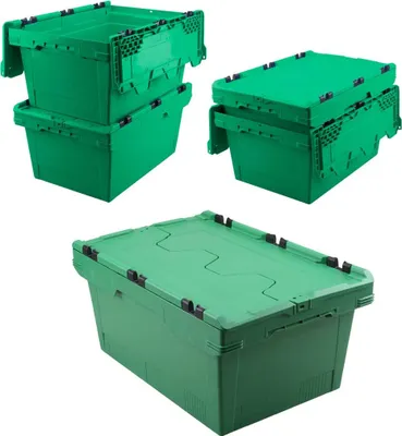 Produktbild von Set, 5x Mehrwegbehälter mit Klappdeckel, grün, verplompbar, LxBxH 600 x 400 x 200 mm, 29 Liter
