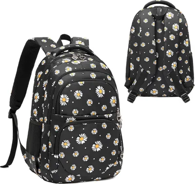 Produktbild von Schulrucksack Mädchen Teenager Damen Schultasche Rucksack Set Gänseblümchen Schulranzen mit Lunchpaket Tasche und Mäppchen, schwarz, Gänseblümchen