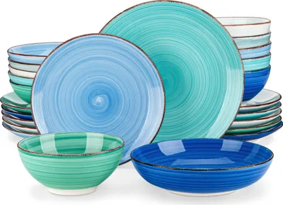 Image de Service de table en faïence, 24 pièces service combiné, set de vaisselle pour 6 personnes, avec assiette plate, assiette à dessert, assiette à soupe et bol