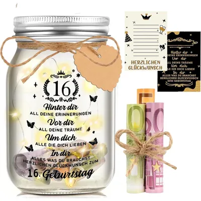 Produktbild von LED Flaschenlicht mit Spruch zum 16. Geburtstag, Geldgeschenk-Verpackung, Glas, warmweißes Licht