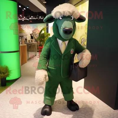 Produktbild von Waldgrüner REDBROKOLY Merino-Schaf Maskottchen Kostüm charakter gekleidet mit Anzughose und Clutch-Taschen