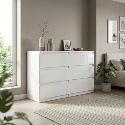 Produktbild von Masseno Kommode NUDO 120 cm Sideboard mit 6 Schubladen und  Türen für Wohnzimmer Schlafzimmer Modern 120x39x78,5 cm Weiß / Weiß
