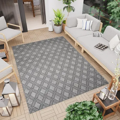 Obrázek produktu pro Koberec venkovní vnitřní šedý geometrický balkon terasa kuchyně odolný proti povětrnostním vlivům 140 x 200 cm