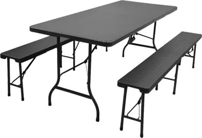 Produktbild von Bierzeltgarnitur 3-teilig klappbar | 1x Buffettisch & 2x Bierbank | Breite 180cm | mit Tragegriffe | für 8 Personen | Kunststoff wetterfest | Rattan Optik, Schwarz | Bierzeltgarnitur 3-teilig  Gartenmöbel-Set Gartengarnitur Camping