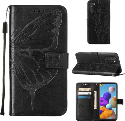 Produktbild von Galaxy A21 Hülle, Schmetterling Prägung Flip Leder Kartenfächer Schutzhülle Ledertasche mit Ständer für Samsung Galaxy A21 Schwarz