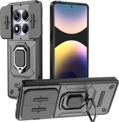 Produktbild von Hülle für Xiaomi Redmi Note 14 Pro 4G Dual Layer Handyhülle Schiebe Kamera Schutz und Ringhalter Ständer Schwarz