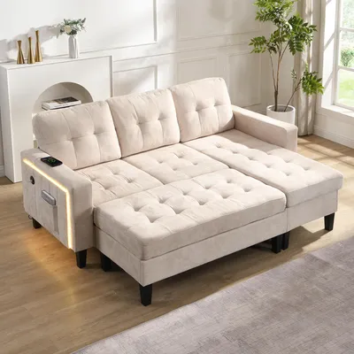 Immagine prodotto di Divano letto Merax a L con illuminazione a LED, divano modulare in ciniglia con poggiapiedi mobile, divano a 3 posti con porta USB, divano letto, beige