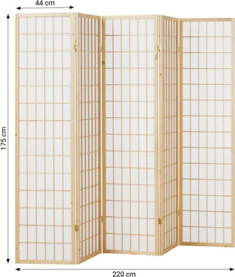 Produktbild von Homestyle4u Paravent Raumteiler 5 teilig Holz Natur Reispapier Weiß Höhe 175 cm Indoor