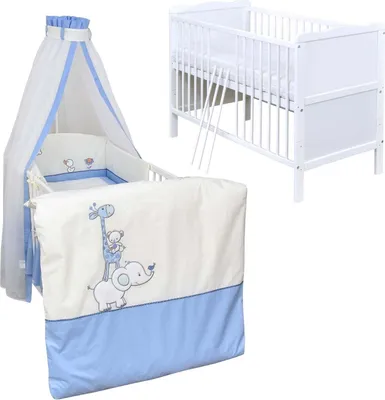 Produktbild von Baby-Delux Babybett Kinderbett Max 120×60 Weiß mit Matratze, Beißschienen  10-tlg. Bettwäsche Set Zirkus Blau