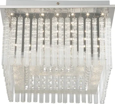 A close-up studio shot of a modern, square ceiling light fixture with multiple tiers of clear glass rods and embedded LED lights.