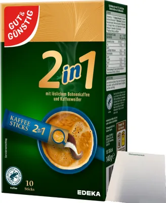 Produktbild von Gut & Günstig Kaffeesticks 2in1 löslicher Bohnenkaffee mit Kaffeeweißer (140g Packung) + usy Block