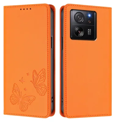 Obrázek produktu pro Kožené pouzdro pro Xiaomi 13T /Xiaomi 13T Pro, motýlí ražbou, peněženkové flip pouzdro se stojánkem Oranžová