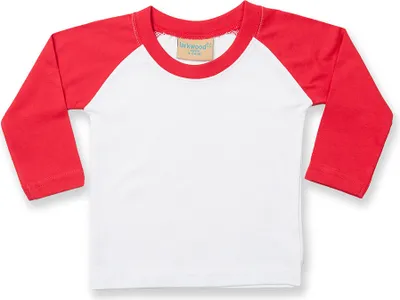 Zdjęcie produktu dla Koszulka baseballowa dla niemowląt Larkwood, długi rękaw, model RW792 (6-12 miesięcy) (biały/czerwony)