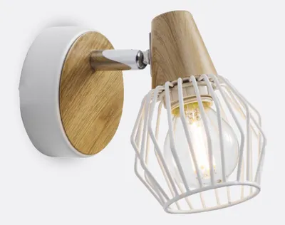 Imagen del producto de Lámpara de pared TAMETA, 1xE14/40W, blanco/madera clara. Dimensiones: L: 140, B: 80, H: 120. Casquillo E14, regulable