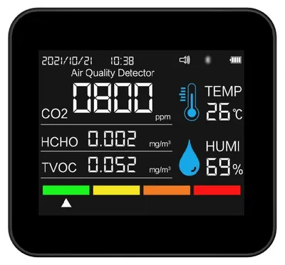 Obrázok produktu pre Monitor kvality vzduchu 9 v 1 s Bluetooth, meradlo CO2, detektor oxidu uhličitého, čas/dátum, TVOC, HCHO, PM2,5, PM1,0, PM10, meranie teploty a vlhkosti, podporuje ovládanie cez aplikáciu s funkciou alarmu pre domácnosť, kanceláriu a auto