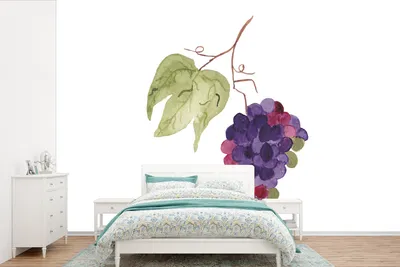 Produktbild von MuchoWow® Fototapete für Wohnzimmer oder Schlafzimmer Wandtapete Vinyl Motivtapete Weintrauben - Blätter - Aquarell - 600x400 cm - Vinyltapeten