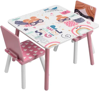 Immagine prodotto di Tavolo in legno per bambini con 2 sedie, set ideale per imparare, giocare, disegnare e mangiare, bianco e rosa – SUPER GIRL