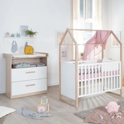 Produktbild von Babyzimmer Set: Kinderbett 60 x 120 cm, Wickelkommode, Cabane Design, Roba, Eiche/Weiss