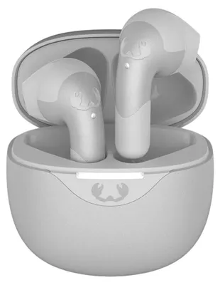 A pair of grey wireless earbuds and their charging case.