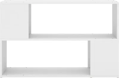 A white, two-tiered bookshelf with open compartments and one closed compartment on each tier.