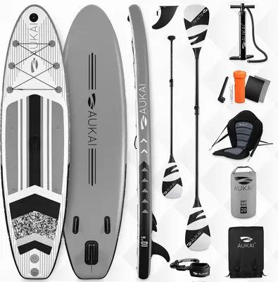 Produktbild von Stand Up Paddle Board 320cm 2in1 mit Kajak Sitz SUP Surfboard aufblasbar + Paddel und Doppelpaddel Surfbrett Paddling Paddelboard - grau