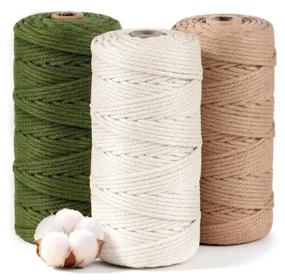 Image de Kit de cordes pour macramé, comprenant 3 rouleaux de 3 mm x 100 mètres, en coton naturel, idéal pour des projets créatifs