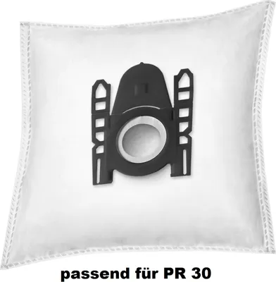 A white vacuum cleaner bag with a black plastic fitting.