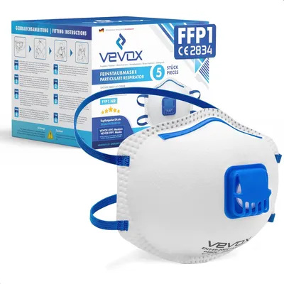 Produktbild von VEVOX® FFP1 Maske mit Ventil – 5er, 10er oder 20er Set – Staubmaske – Atemschutzmaske – Staubschutzmaske – Feinstaubmaske – Atemschutz
