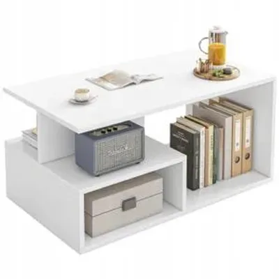 Image de Table basse scandinave blanche avec étagère, salon loft, grande et polyvalente, 90/43/51 cm